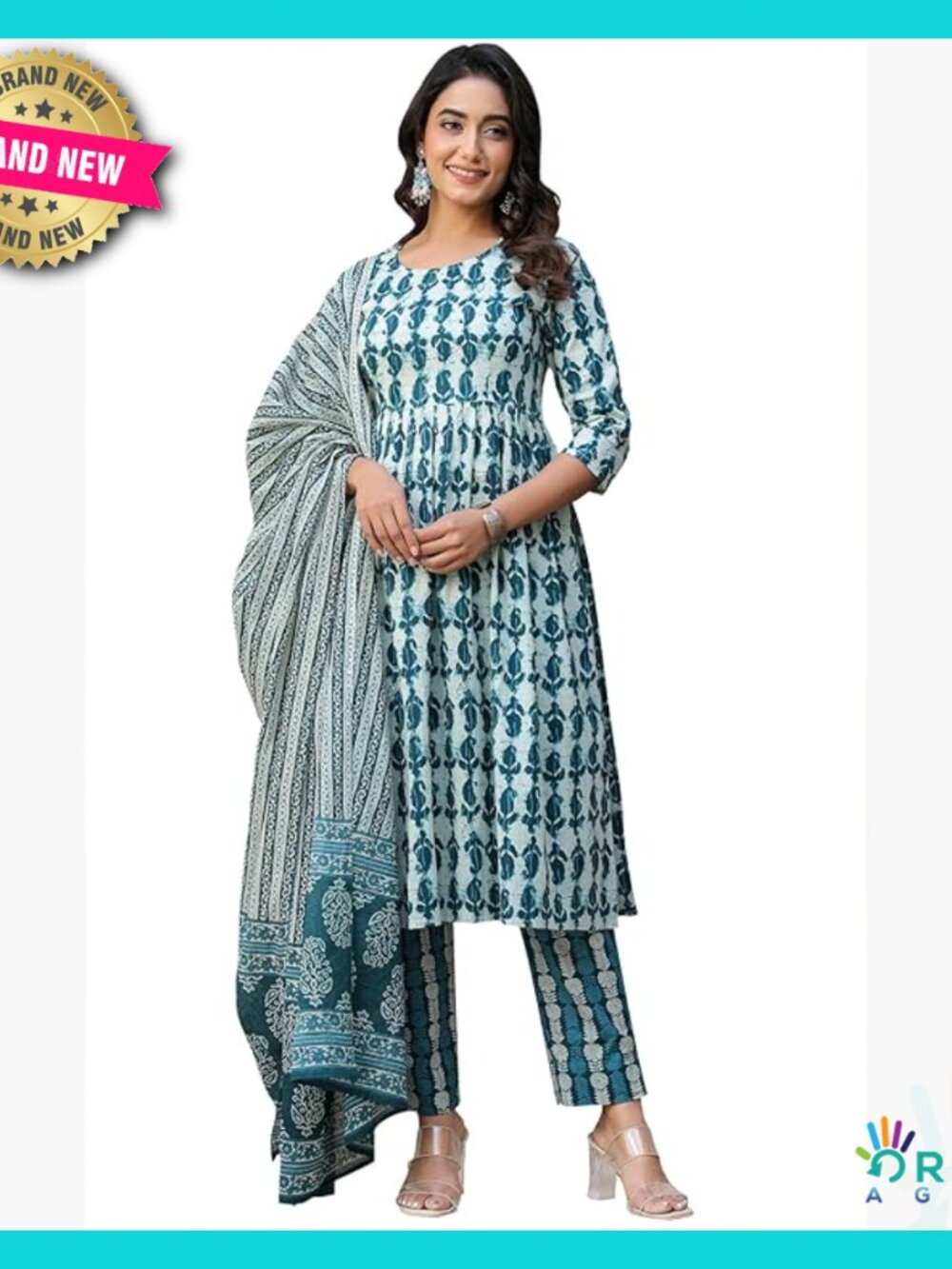 Cotton A-Line Kurta Set Relaxed Fit 3/4 Sleeve Abstract Festival Wear